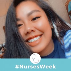 Selfie of 4-year BSN student with hashtag "NursesWeek" and graphic art of a stethoscope.