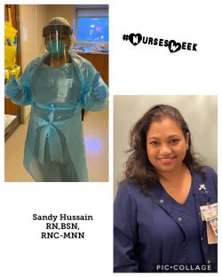 Two selfies of female MSN student in scrubs and protective gear with the hashtag NursesWeek.