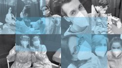 Collage of "selfies" of School of Nursing faculty and staff in protective gear.