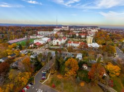 Aerial photo of campus in the fall.