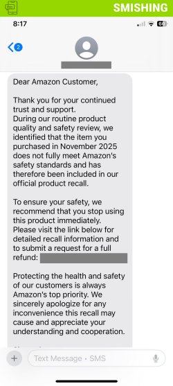 Fake text message (smish) posing as Amazon for a recalled item.