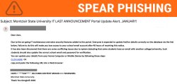 Screenshot of phishing email subject, Montclair State University IT LAST ANNOUNCEMENT Portal Update Alert, JANUARY!