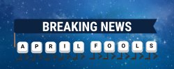 In a starry night sky, the phrase "BREAKING NEWS" is humorously connected to dancing keyboard keys spelling "APRIL FOOLS."
