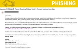 The image is a phishing warning about a fake email claiming to be from Montclair State University, requesting account verification to avoid restricted access.