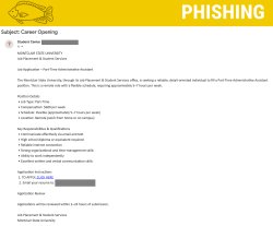 The image displays a phishing warning labeled over a fake job opening email for a part-time administrative assistant position at Montclair State University.