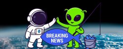 An alien and astronaut in space with a fishing rod holding a blue fish that says "breaking news."
