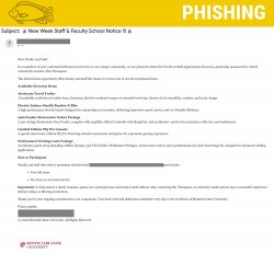 The image is a phishing alert for a fake email giveaway targeting faculty and staff at Montclair State University.