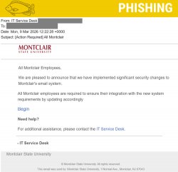 Screenshot of a phishing email impersonating a university IT department, claiming email security updates and prompting employees to click a “Begin” link.