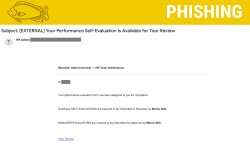 The image shows a phishing warning on an email that appears to be from Montclair State University's HR Team, prompting the recipient to complete a performance evaluation form.