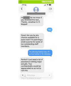 The image shows a text conversation labeled "SMISHING," where a person is being asked to perform a quick confidential task as part of a surprise for staff members.