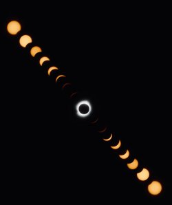 Photo montage of the April 2024 solar eclipse, taken by physics major Renzo Herrera.