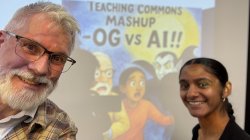 Kight and Mistry in front of the title slide of their teaching commons presentation