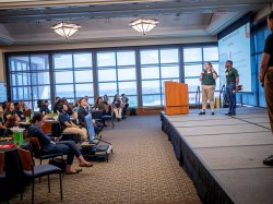 Montclair English major Emily Christian presents part of her team’s project on water usage