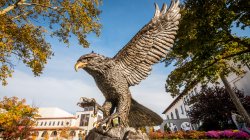 The Red Hawk Statue located outside of College Hall on a sunny day.