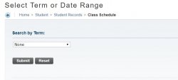 Screenshot of the Class Schedule Select Term or Date Range dialogue box in Self-Service Banner.