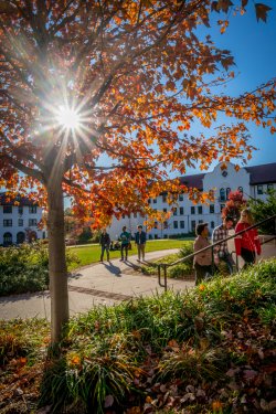 Students walking by Russ and Chapin Halls on a nice, sunny fall day.