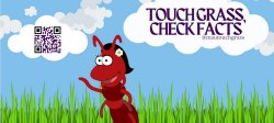 Graphic of an ant in a field of grass with the words "Touch Grass, Check Facts."
