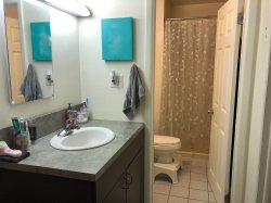 A bathroom in a multi-floor Hawk Crossings apartment showing the vanity and sink outside and the toilet and shower behind a door.