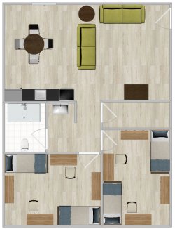 A Hawk Crossings Apartment with three bedrooms, one bathroom and a shared living space.