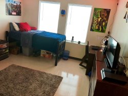 A bed, TV and desk in a Double Room in the Heights