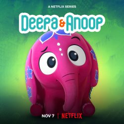 An animated promotional poster featuring a pink elephant with large eyes and a blue bow.