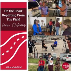 A collection of photos showing students gathering news footage and interviewing people in New Orelaans.