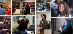 A collage of seven happy, smiling college students working for a college radio station.