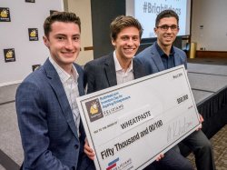 From left, George Garcia, Jacob Gilbert and Matthew Szot celebrate their $50,000 first-place prize in the BulbHead.com Inventors Day for Aspiring Entrepreneurs.