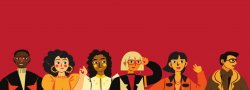 red background with pop-art graphics of a diverse group of people