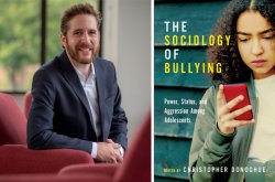 side by side image of professor Chris Donoghue sitting in a red chair and a cover of his new book, "The Sociology of Bullying"