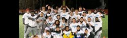 Montclair State soccer team holding up their trophy having clinched the NJAC's automatic bid to the 2019 NCAA Division III Men's Soccer Championship.
