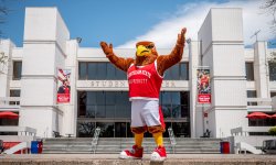 Rocky the Red Hawk in front of the Student Center