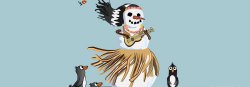 Graphic of a snowperson with hulu skirt and curious penguins
