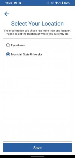 Screenshot from RAVE Guardian prompting to choose Montclair State