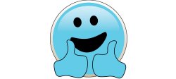 Graphic of a blue smiley face with two thumbs up