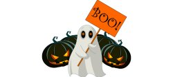 Graphic of a cute ghost holding a Boo sign with scary pumpkins around.