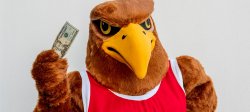 Rocky the Red Hawk holding a $20.00 bill.