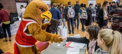 Image of Rocky the Red Hawk at a campus job fair.
