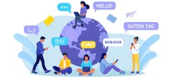 Graphic of people sitting around a world globe saying hello in different languages