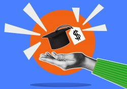 Hand outstretched, graduation cap with money sign on tassle, blue/orange background