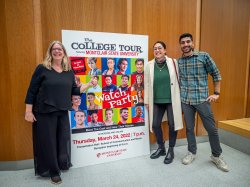 Photos of Montclair State staff posing in front of a poster of The College Tour