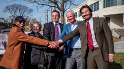 From Left: BAW Development, LLC CEO Baye Adolfo-Wilson, Paterson Public Schools Superintendent Eileen F. Shafer, Paterson Mayor Andre Sayegh, donor Chuck Muth '77 and Montclair President Jonathan Koppell.