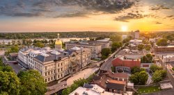 Aerial panorama of Trenton New Jersey skyline and state capitol at sunset. Trenton is the capital city of the U.S. state of New Jersey and the county seat of Mercer County.