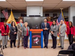 From left: Assemblywoman Shavonda Sumter (D-35); Paterson Public Schools Executive Director, Full Service Community Schools Jenna Goodreau; Paterson Mayor Andre Sayegh; Paterson Public Schools Superintendent Eileen F. Shafer; Montclair President Jonathan Koppell; Paterson Education Fund Executive Director Rosie Grant; Eastside High School Principal of Operations Edgard Nieves; and Geraldine R. Dodge Foundation Chief Executive Officer Tanuja Dehne.