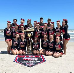 Montclair State University Cheer Team members celebrate in Daytona Beach, Florida.