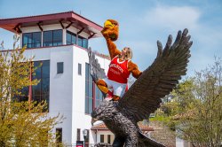 Vanessa Fingerlin atop a large bronze red hawk statue holding a costume head.