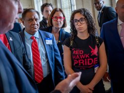 Student speaking to legislators.