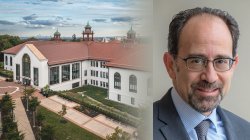 Split image of the School of Communication building on the left and Marc Austin on the right.
