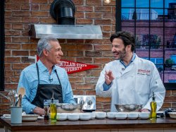 President Koppell cooking with gubernatorial candidate, Jack Ciattarelli, for the cooking show, Cooking with Koppell.