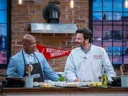 President Koppell cooking with gubernatorial candidate, Ras Baraka, for the cooking show, Cooking with Koppell.